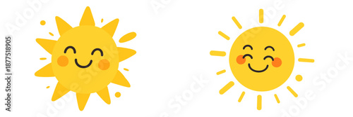 Cheerful sun characters with smiling faces in bright colors