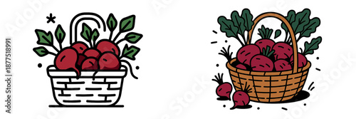 Fresh radishes in woven baskets with green leaves