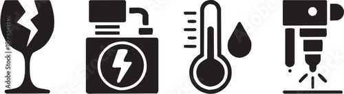 Conjunto de iconos vectoriales de servicios eléctricos: enchufe, termómetro, energía, temperatura, instalación, climatización en silueta negra.