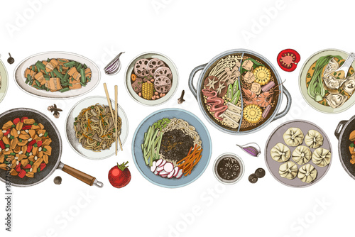 Chinese food vector seamless border