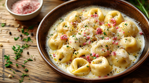 Wallpaper Mural Delicious pasta with creamy sauce served in a bowl on wooden table Torontodigital.ca