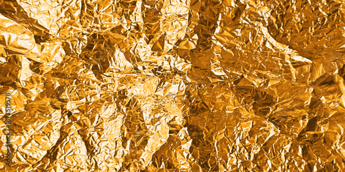 Gold foil texture with glossy crumpled surface - golden metallic background with wrinkled paper grain pattern. Shiny bronze material with rough folds and luxury sheen for premium elegant design.