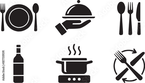 Conjunto de iconos vectoriales de servicio de comida: bandeja, cuchara, mano, vapor, restaurante, catering, alimentación en silueta negra.