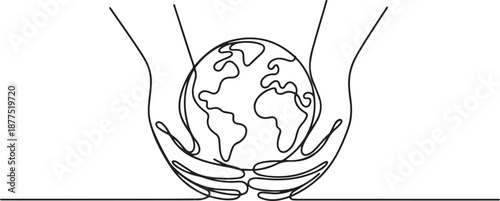 Single one line drawing of hands holding earth logo. World protect icon silhouette for education concept. Infographics presentation. one line Icon drawing