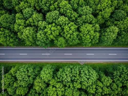 Top down aerial shot of a straight highway through a green forest