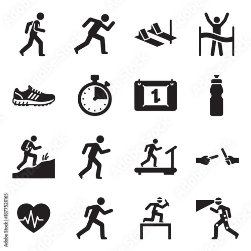 Set of icons representing running, fitness, sports, and healthy lifestyle activities for health and wellness
