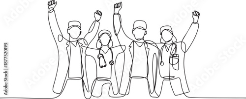 One single line drawing of group of male doctor and female doctor line up to celebrate their successful surgery operation. Team work success concept. one line Icon drawing