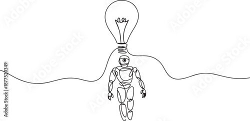 Continuous one line drawing robots using monocular, flying with hot air balloon lightbulb. Humanoid robot cybernetic organism. Future robotics development. one line Icon drawing