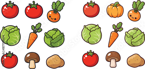 Cute, vegetable, icons, set, illustration, tomato, carrot, cabbage, pumpkin, mushroom, potato, radish, healthy, food, organic, farm, fresh, cartoon, vector, isolated
