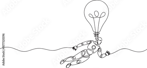Continuous one line drawing robots using monocular, flying with hot air balloon lightbulb. Humanoid robot cybernetic organism. Future robotics development. one line Icon drawing