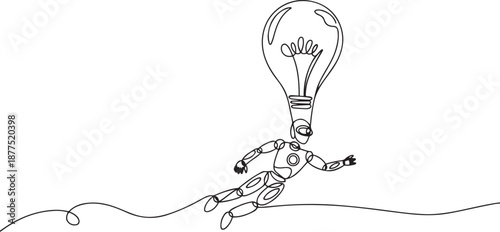 Continuous one line drawing robots using monocular, flying with hot air balloon lightbulb. Humanoid robot cybernetic organism. Future robotics development. one line Icon drawing