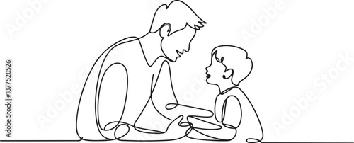 One continuous line drawing of young father giving some wise advice talk to his son at home, family life. Happy parenting concept. one line Icon drawing