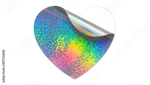 A vibrant holographic heart sticker with a peeled corner revealing its dazzling rainbow spectrum isolated on transparent background
