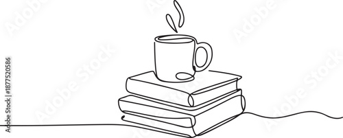 Single continuous line drawing of stack of books with a mug of coffee above on library desk. Business and education concept. one line Icon drawing