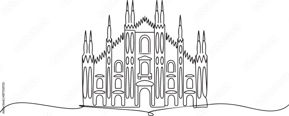 Obraz premium Rysunek z jedną ciągłą linią – zabytek katedry Duomo w Mediolanie. Piękne, słynne miejsce w Mediolanie we Włoszech. Koncepcja plakatu z inspiracją do podróży dookoła świata. Rysunek z jedną linią – ikona.