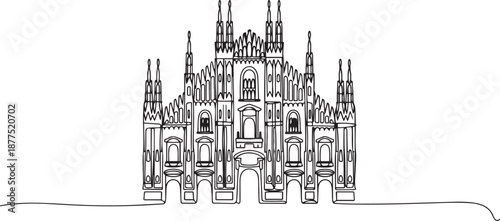 Single continuous line drawing Duomo di Milano landmark. Beautiful famous place in Milan, Italy. World travel tour home wall decor art poster concept. one line Icon drawing