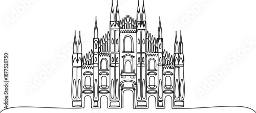 Single continuous line drawing Duomo di Milano landmark. Beautiful famous place in Milan, Italy. World travel tour home wall decor art poster concept. one line Icon drawing