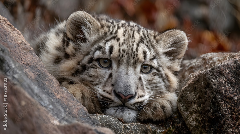 Fototapeta premium Serene Snow Leopard Cub Portrait: Captivating Wildlife Gaze Amidst Rocky Terrain, an Endangered Beauty's Close-Up, Symbolizing Nature's Resilience and Majesty