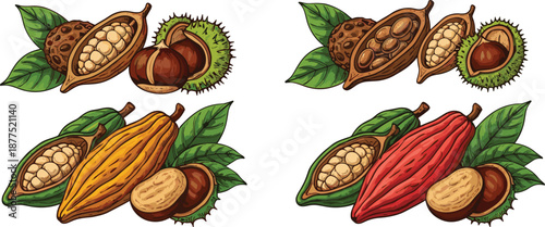 Cocoa, cacao, pods, beans, illustration, chocolate, organic, tropical, fruit, agriculture, farming, natural, food, ingredient, harvest, plant, leaves, vector, set, design