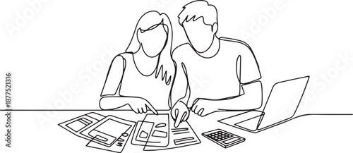 Single continuous line drawing of young male and female couple discussing household monthly bills together. After marriage life concept. one line Icon drawing