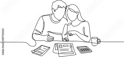 Single continuous line drawing of young male and female couple discussing household monthly bills together. After marriage life concept. one line Icon drawing