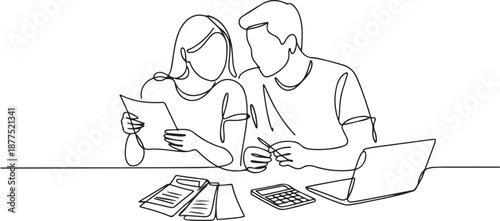 Single continuous line drawing of young male and female couple discussing household monthly bills together. After marriage life concept. one line Icon drawing