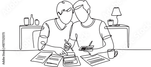 Single continuous line drawing of young male and female couple discussing household monthly bills together. After marriage life concept. one line Icon drawing