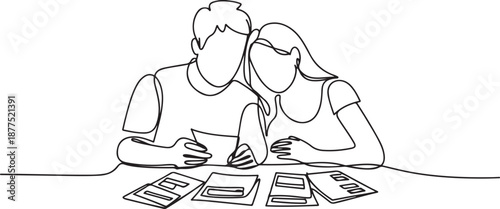 Single continuous line drawing of young male and female couple discussing household monthly bills together. After marriage life concept. one line Icon drawing