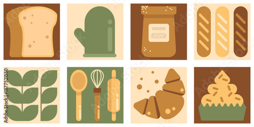 Bakery food pattern on geometric mosaic tiles. Vector illustration of fresh baked bread, flour package, baguette, croissant and cook accessories, abstract geometric design with food icons