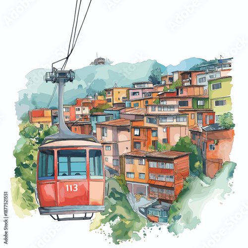 Medellin ? Comuna 13 and Cable Cars. Medellin ? Comuna 13 and Cable Cars hand drawn watercolor illustration