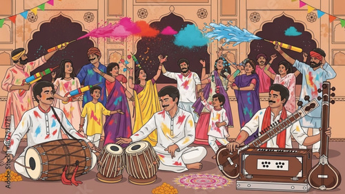 Indian Musicians Playing Traditional Instruments during Colorful Festival Celebration