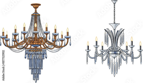 Luxury, crystal, chandelier, illustration, elegant, lighting, interior, decor, classic, ornate, vintage, hanging, ceiling, lamp, glamour, home, design, antique, vector, art