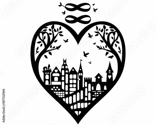 Romantic heart shaped cityscape with trees and birds