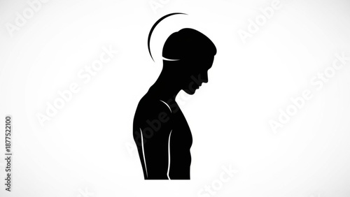 Black Silhouette of Sad Young Woman with Crescent Moon above Head on White Background