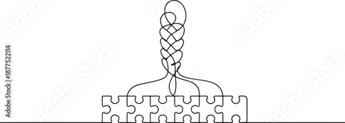 One single line drawing of human braid forming from piece of puzzles logo identity. Smart psychological office icon logotype concept. one line Icon drawing