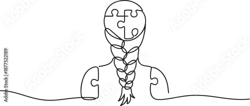 One single line drawing of human braid forming from piece of puzzles logo identity. Smart psychological office icon logotype concept. one line Icon drawing