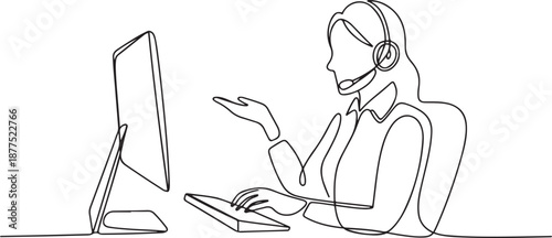 Single line drawing of young female call center worker sitting in front of computer and answering phone from customer. Customer service business concept. one line Icon drawing