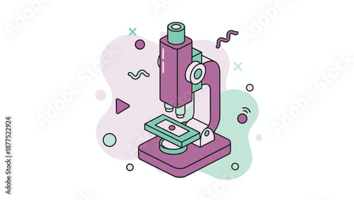 Isometric Illustration of a Purple Microscope for Scientific Research.