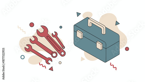Isometric Illustration of Toolbox and Wrenches for Repair and Maintenance.