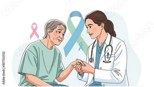 Female doctor comforting senior patient with cancer awareness ribbon symbolizing hope and support
