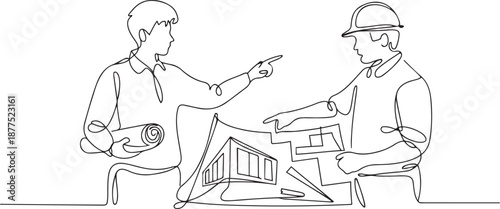 Single continuous line drawing of young architect discussing construction design with foreman manager. Building architecture business concept. one line Icon drawing