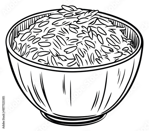 Hand drawn line art illustration of a bowl of rice depicting grains ready for cooking for food and culinary designs