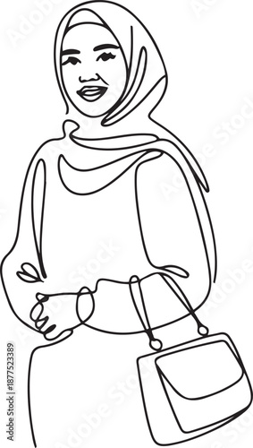 One single line drawing of young happy muslim girl with head scarf carrying pocket bag. Attractive Asian women model in trendy hijab fashion concept. one line Icon drawing