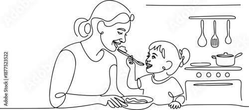 Single one line drawing happy mother tasting food given by her beautiful daughter. Cooking for lunch together in cozy kitchen at home. one line Icon drawing