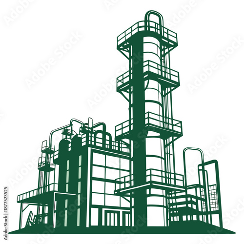 Green Silhouette Vector of an Industrial Oil Refinery and Chemical Processing Plant