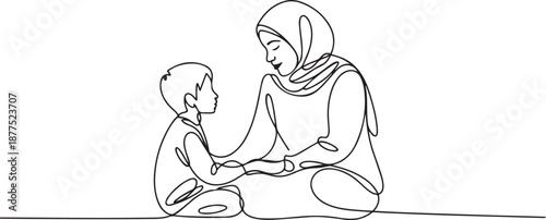 Single continuous line drawing of young Arabian mom talking and sitting together with her boy. Islamic muslim happy family parenthood concept. one line Icon drawing