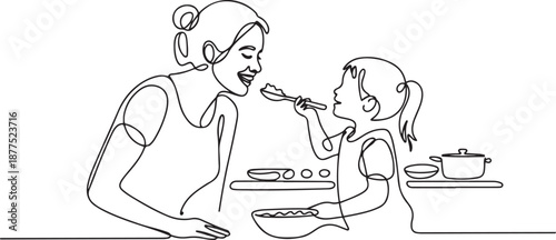 Single one line drawing happy mother tasting food given by her beautiful daughter. Cooking for lunch together in cozy kitchen at home. one line Icon drawing