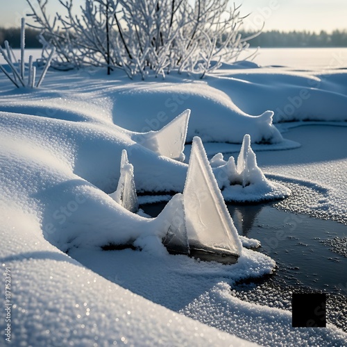 winter Snowy road with frozen ice formations on a morning landscape