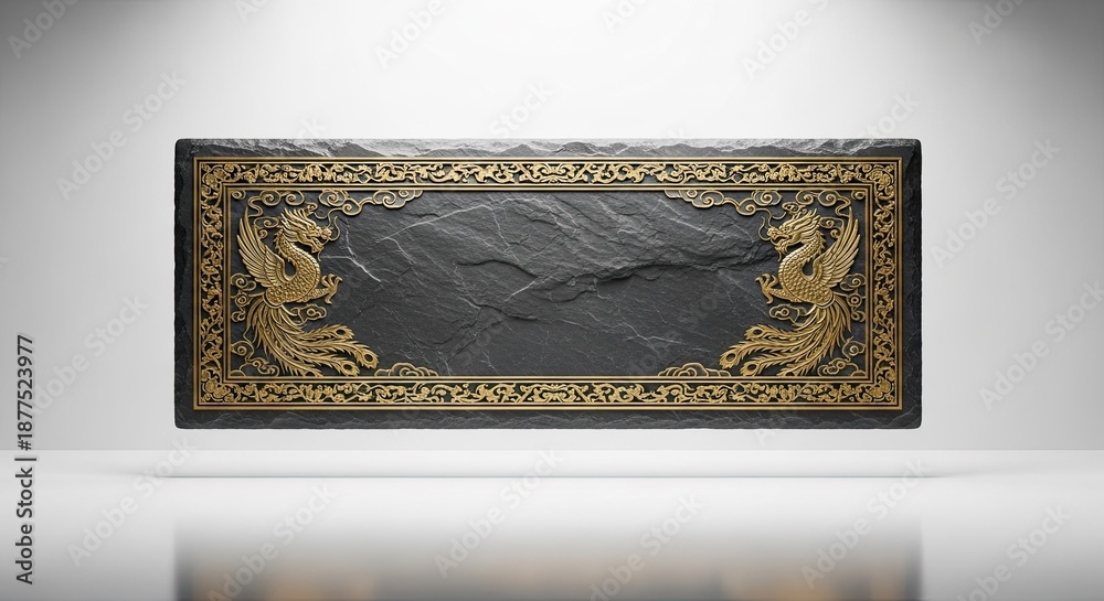 Fototapeta premium Elegant stone slate with golden phoenix and cloud carvings for interior decoration