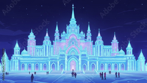Glowing blue and pink palace with people standing in front at night illuminated architecture and spires under starry sky